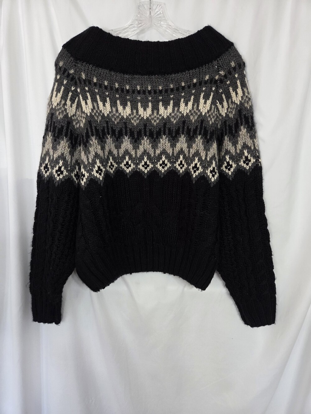 John + Jenn Black, Gray & Cream Fair Isle Open Loose Neck Sweater Size SP